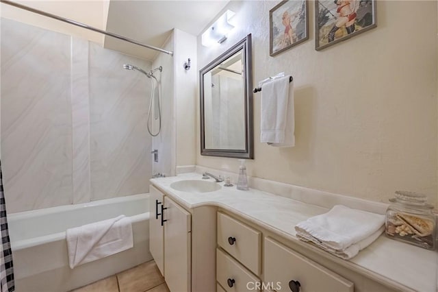 full bathroom with vanity, shower / bathtub combination with curtain, and tile patterned flooring
