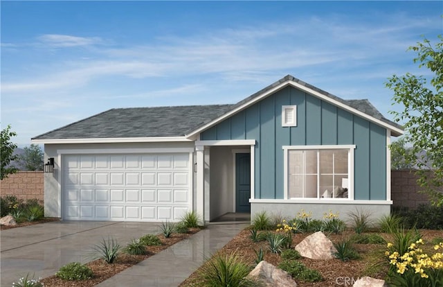 view of front of home with fence, roof with shingles, an attached garage, board and batten siding, and concrete driveway