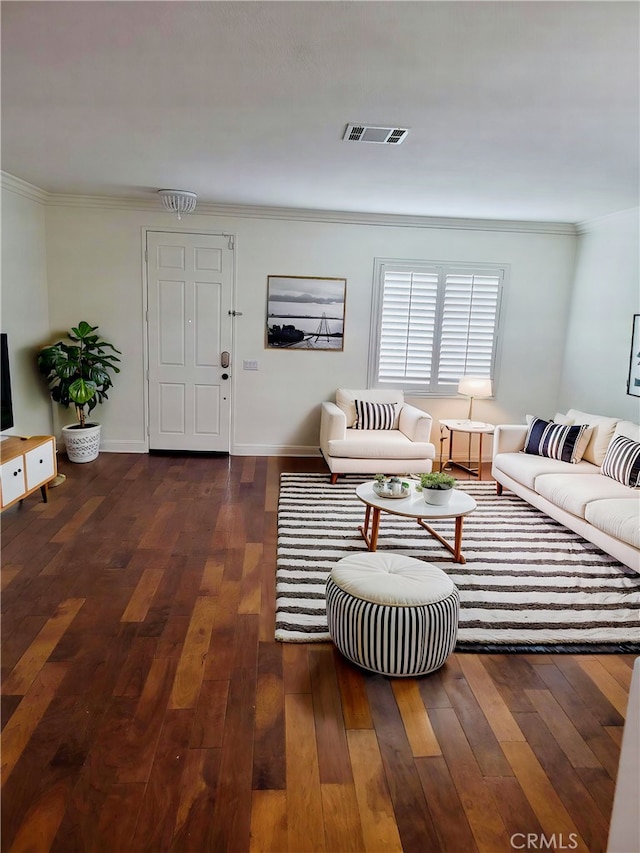 12851 Oakdale St, Eastvale, CA 92880 - living room with dark wood-style floors and ornamental molding