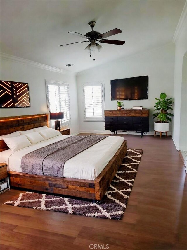 12851 Oakdale St, Eastvale, CA 92880 - bedroom with ornamental molding, baseboards, wood finished floors, and ceiling fan