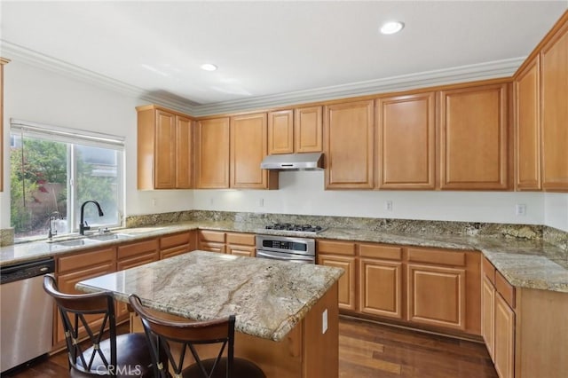 12851 Oakdale St, Eastvale, CA 92880 - kitchen featuring appliances with stainless steel finishes, under cabinet range hood, a sink, light stone counters, and dark wood-type flooring