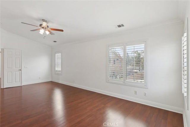 12851 Oakdale St, Eastvale, CA 92880 - empty room with ornamental molding, a ceiling fan, dark wood-style flooring, and baseboards