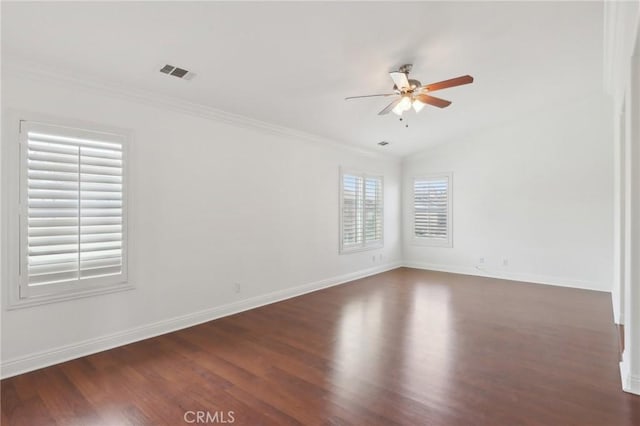 12851 Oakdale St, Eastvale, CA 92880 - empty room featuring a ceiling fan, dark wood-type flooring, crown molding, baseboards, and lofted ceiling