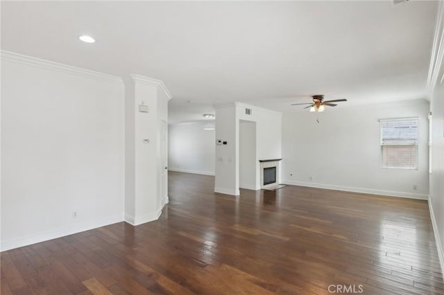 12851 Oakdale St, Eastvale, CA 92880 - unfurnished living room with a ceiling fan, hardwood / wood-style floors, baseboards, ornamental molding, and recessed lighting