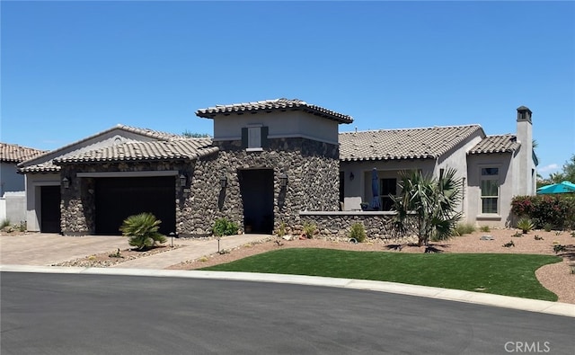 view of front of home featuring a garage, a tiled roof, stucco siding, and stone siding
