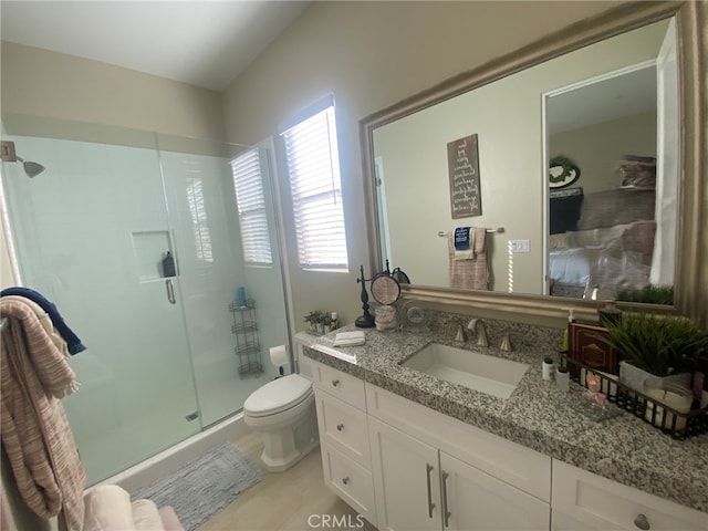bathroom featuring vanity, toilet, and a stall shower