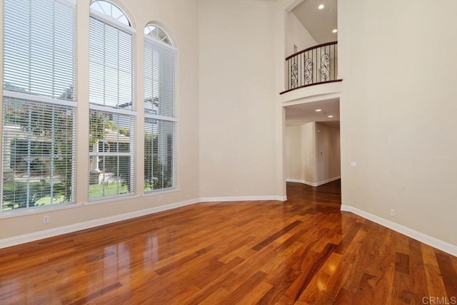 interior space with baseboards, a towering ceiling, wood finished floors, and a wealth of natural light