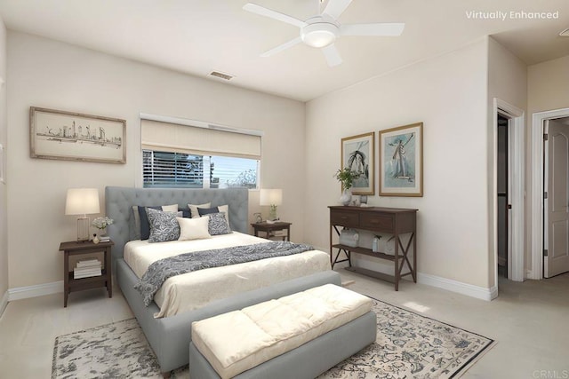 bedroom featuring baseboards, visible vents, and ceiling fan