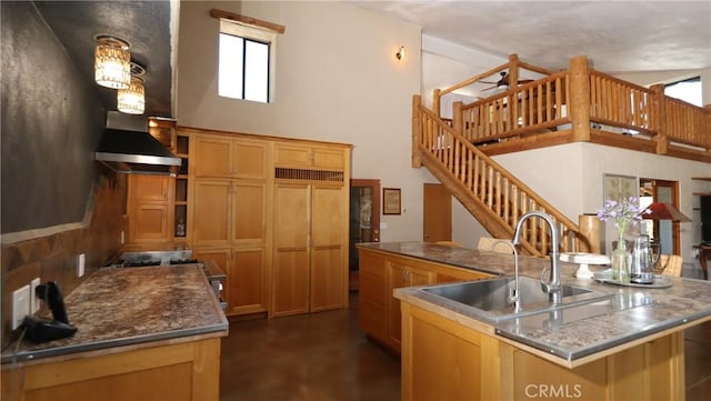 kitchen featuring ventilation hood, a sink, a ceiling fan, a large island, and a towering ceiling