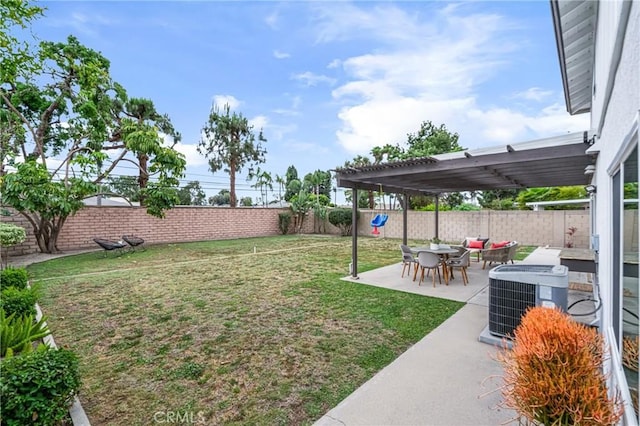 view of yard with a pergola, central AC unit, a fenced backyard, and a patio area
