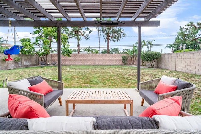 view of patio featuring an outdoor living space, a fenced backyard, and a pergola
