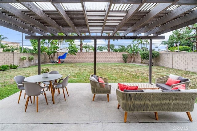 view of patio / terrace with a pergola, outdoor lounge area, a fenced backyard, and outdoor dining space