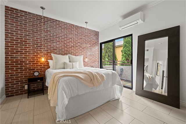 730 W 4th St Unit 307, Long Beach, CA 90802 - bedroom with access to outside, crown molding, a wall unit AC, and brick wall