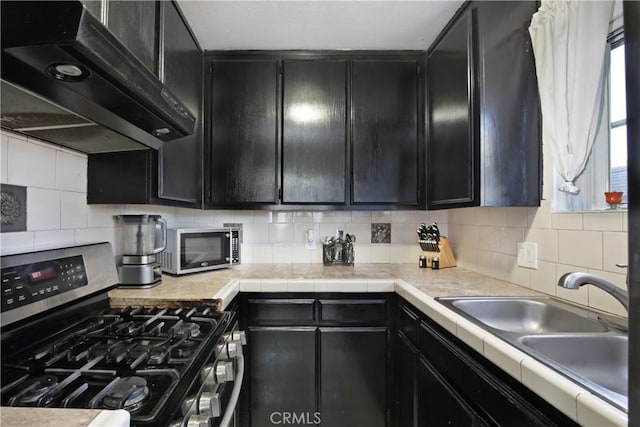 kitchen with appliances with stainless steel finishes, range hood, dark cabinets, decorative backsplash, and a sink