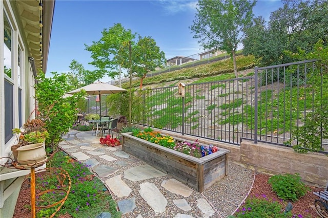 view of yard featuring a patio and fence