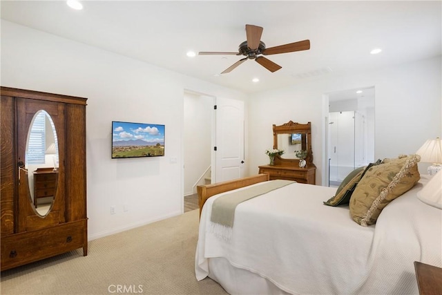 bedroom with light colored carpet, recessed lighting, baseboards, a ceiling fan, and visible vents