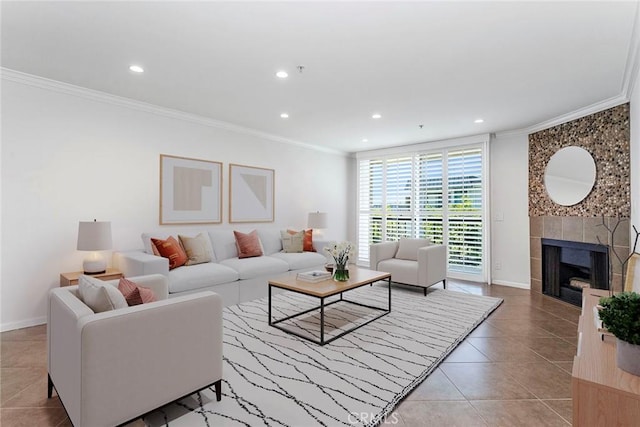 7320 Hawthorn Ave Unit 102, Los Angeles, CA 90046 - living area featuring crown molding, light tile patterned floors, recessed lighting, and a tile fireplace