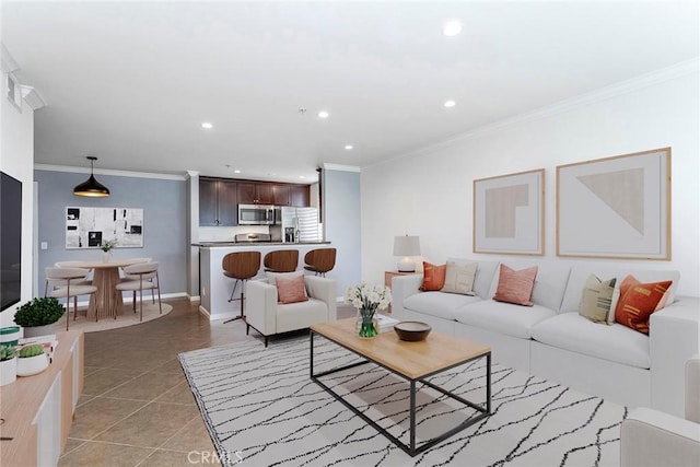 7320 Hawthorn Ave Unit 102, Los Angeles, CA 90046 - living room with light tile patterned floors, recessed lighting, and crown molding