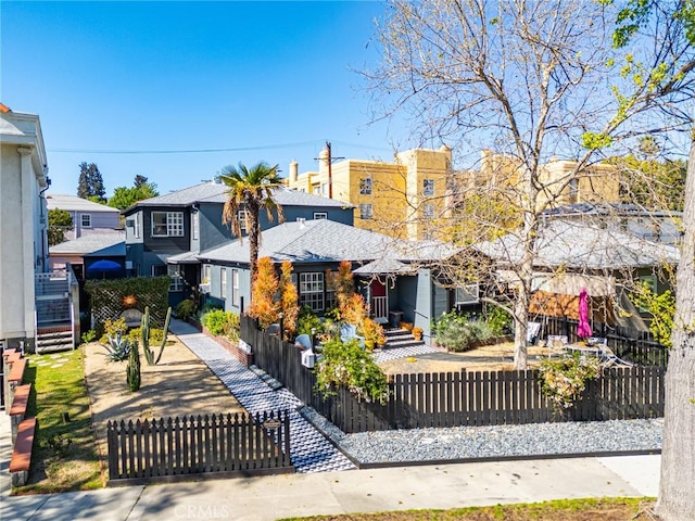 view of front of house with a fenced front yard and a residential view