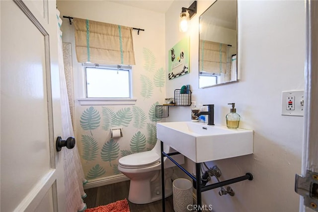 bathroom with a sink, wood finished floors, toilet, and a shower with curtain