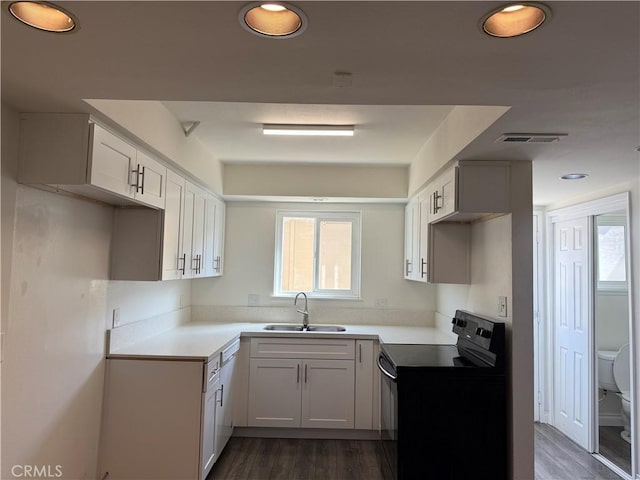 kitchen featuring plenty of natural light, dark wood-style floors, a sink, and black range with electric stovetop