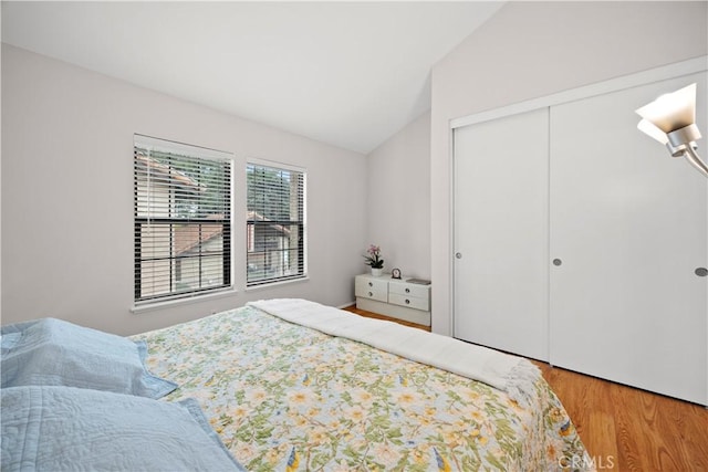 bedroom featuring a closet, lofted ceiling, and light wood-type flooring