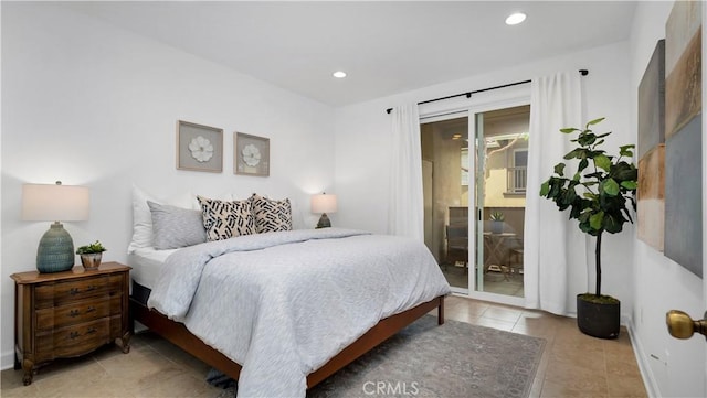 bedroom with recessed lighting, baseboards, access to exterior, and tile patterned flooring