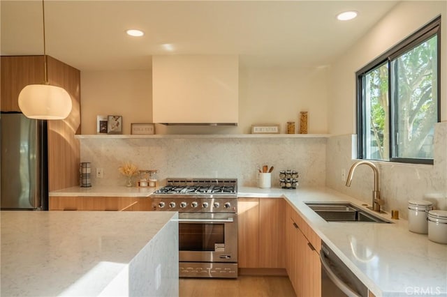 23919 Friar St, Woodland Hills, CA 91367 - kitchen featuring stainless steel appliances, a sink, modern cabinets, open shelves, and tasteful backsplash
