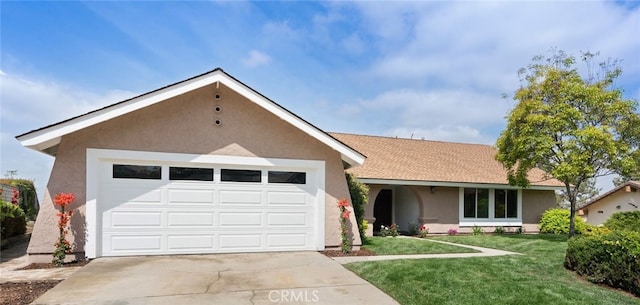 single story home featuring a garage, a front lawn, stucco siding, and concrete driveway