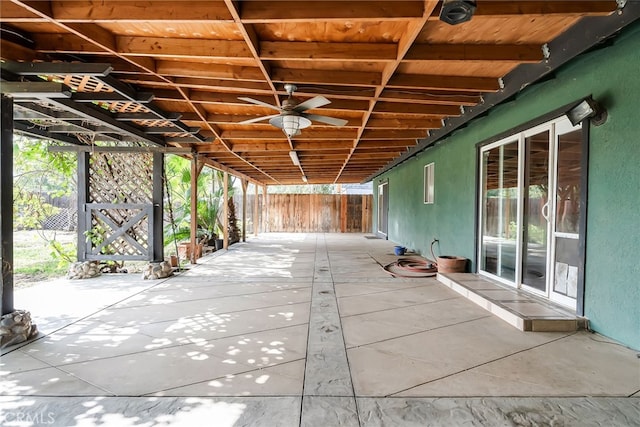 view of patio / terrace with a fenced backyard and a ceiling fan