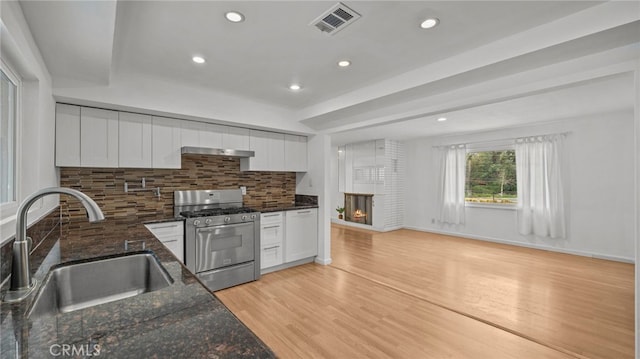 5092 Myrtle Ave, Riverside, CA 92506 - kitchen with white cabinetry, a sink, gas stove, and visible vents