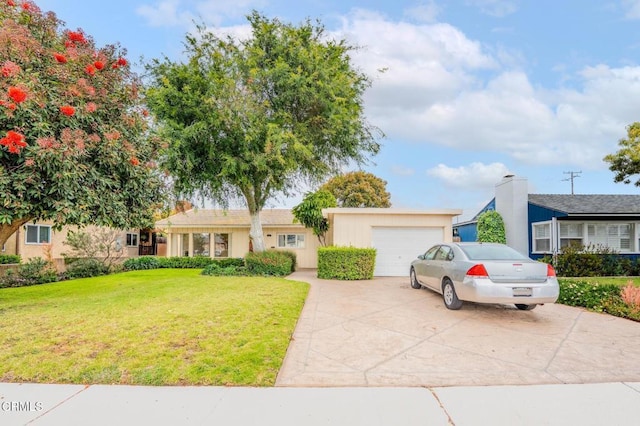 ranch-style house with a garage, stucco siding, driveway, and a front lawn
