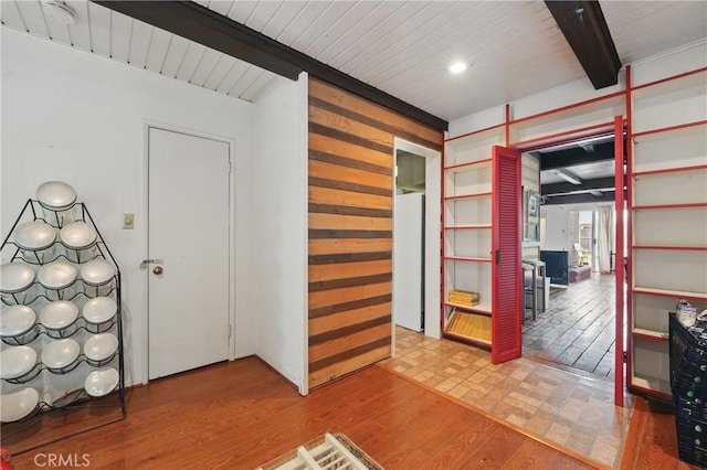 2218 Pacific Ave, Venice, CA 90291 - hallway with beamed ceiling, wooden ceiling, and wood finished floors