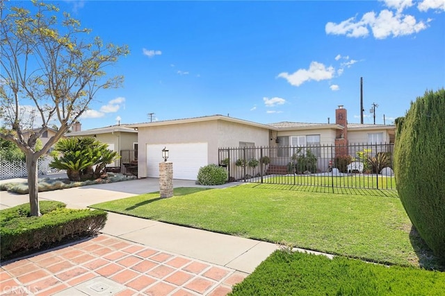 ranch-style home with a front lawn, fence, stucco siding, concrete driveway, and an attached garage