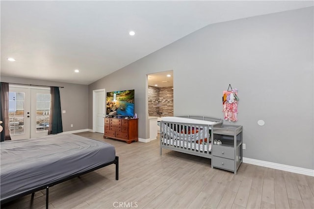 18060 Walnut St, Hesperia, CA 92345 - bedroom with vaulted ceiling, baseboards, light wood-type flooring, french doors, and recessed lighting