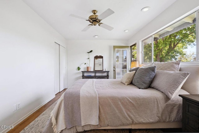 921 Topaz Ct, Ojai, CA 93023 - bedroom featuring a ceiling fan, wood finished floors, baseboards, a closet, and recessed lighting