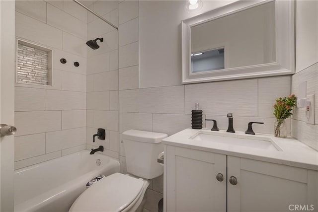 bathroom featuring toilet,  shower combination, decorative backsplash, and vanity