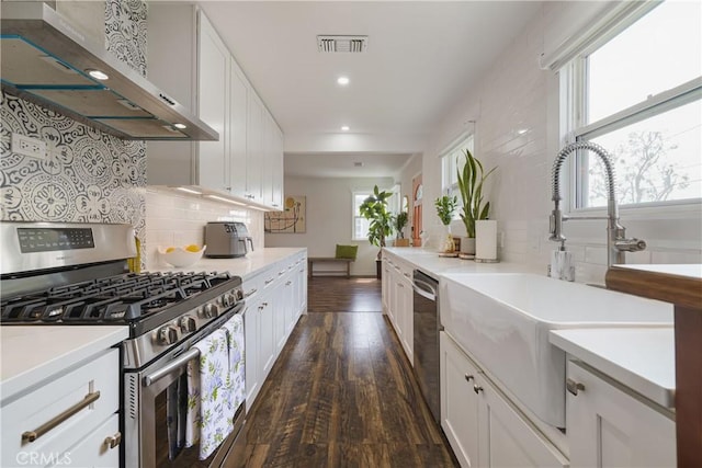 kitchen featuring exhaust hood, a sink, stainless steel appliances, backsplash, and visible vents