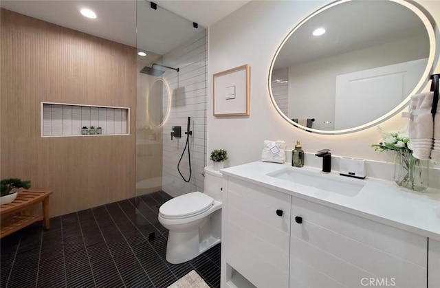1427 N Cannon St, Orange, CA 92869 - bathroom with walk in shower, vanity, toilet, tile patterned floors, and recessed lighting