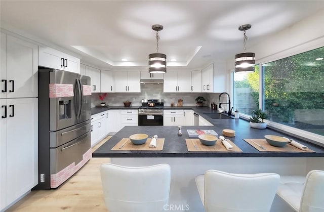 1427 N Cannon St, Orange, CA 92869 - kitchen featuring appliances with stainless steel finishes, a sink, a raised ceiling, a peninsula, and under cabinet range hood