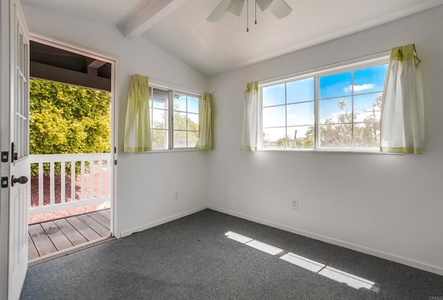 spare room featuring vaulted ceiling with beams, carpet, a ceiling fan, and a wealth of natural light