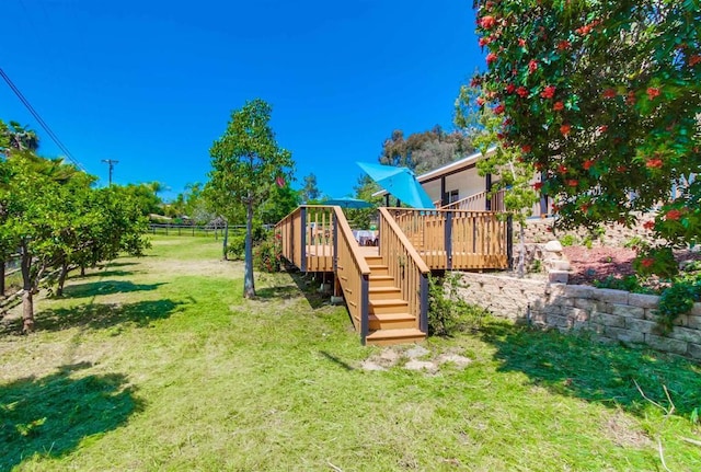 view of yard featuring stairs, fence, and a wooden deck