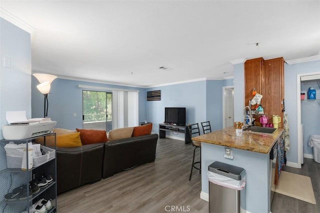 1980 Las Colinas Cir Unit 208, Corona, CA 92879 - living area featuring light wood-style floors, ornamental molding, and baseboards