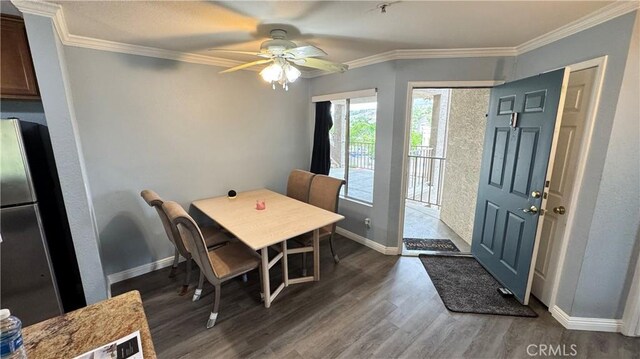 1980 Las Colinas Cir Unit 208, Corona, CA 92879 - dining space with wood finished floors, a ceiling fan, baseboards, and crown molding