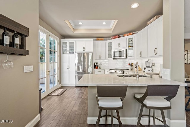 kitchen featuring a peninsula, a tray ceiling, light stone counters, a sink, and appliances with stainless steel finishes