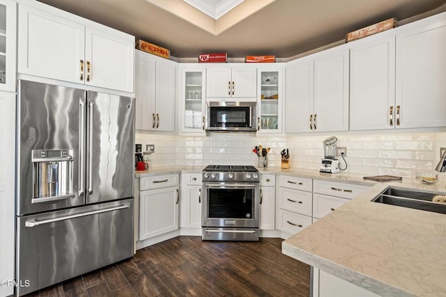 kitchen with tasteful backsplash, a sink, white cabinets, dark wood-style floors, and stainless steel appliances