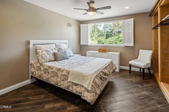 bedroom featuring recessed lighting, baseboards, dark wood-style flooring, and visible vents