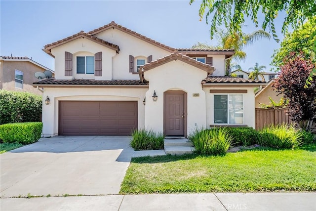 32057 Meadow Wood Ln, Lake Elsinore, CA 92532 - mediterranean / spanish house featuring a garage, driveway, stucco siding, and a tiled roof