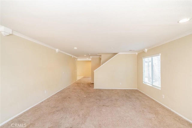 32057 Meadow Wood Ln, Lake Elsinore, CA 92532 - unfurnished living room with ornamental molding, light carpet, recessed lighting, and baseboards