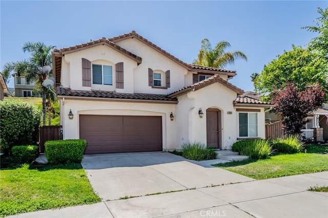 32057 Meadow Wood Ln, Lake Elsinore, CA 92532 - mediterranean / spanish-style home with stucco siding, a tiled roof, concrete driveway, and a garage